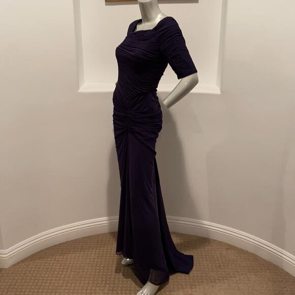 Tadashi Shoji Navy Asymmetrical Ruched Sleeve Gown - Picture 7 of 13